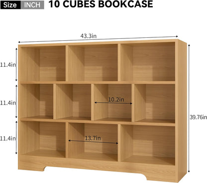 Book Shelf, 10 Cubes Storage Organizer, 3-Tier Open Shelf Wooden Bookcase, Freestanding Log Bookshelf Cube Shelf for Bedroom, Living Room, Home Office