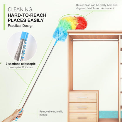 Rainbow Extendable Static Duster Reusable Microfiber Duster with 100" Telescoping Pole, Beandable and Washable Dusters Head for Cleaning Ceiling, Fan, Furniture