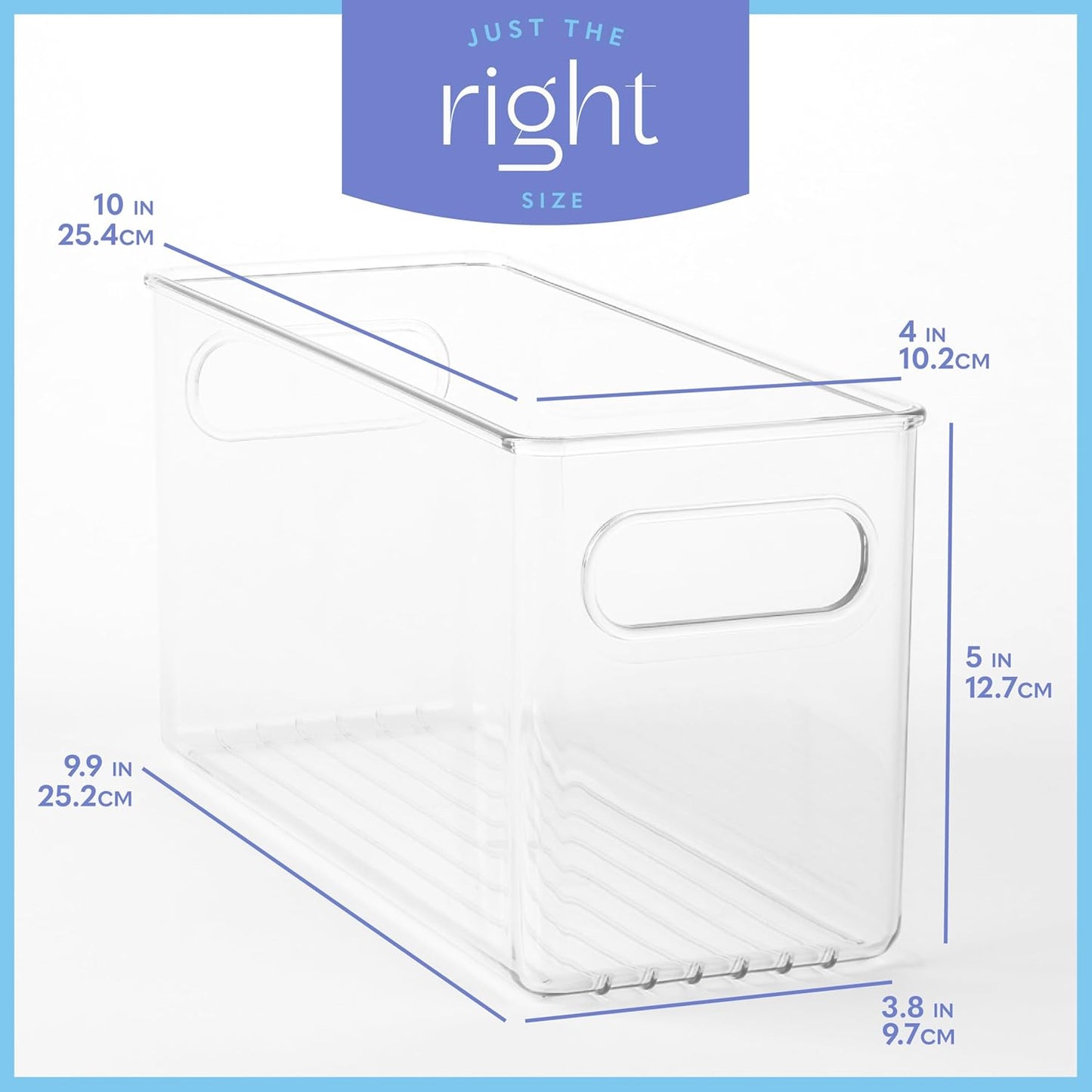 Plastic Food Storage 2 Pack Clear Container Bin with Handles for Organizing Kitchen, Pantry, Refrigerator, Freezer, Pantry, Cabinet, Closet, Bathroom. 10”x4”x5”
