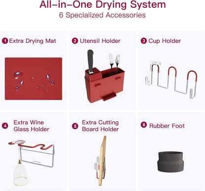 BOOSINY 2 Tier Red Large Stainless Steel Dish Drainers Drying Rack for Kitchen Counter with Drainboard, Rust Proof Metal, Space Saving, Modern Aesthetic, Compact Plates Strainers with Extra Mat