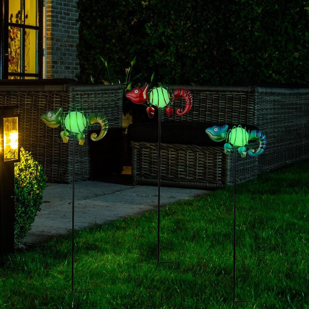 3 Pack Garden Stakes Decorative,Cute Chameleons Glow in The Dark Metal Garden Decor,Waterproof Metal Yard Art Decor for Outside,Funny Present for Mom Women Grandma