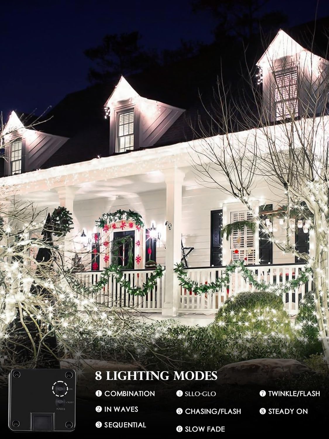 Cool White Solar Christmas Lights Outdoor Decorations Waterproof, Tatal 2 Pack 200LED 66FT Solar String Lights Green Wire with 8 Modes, Christmas Fairy Light for Xmas Tree Party Wedding Garden Decor