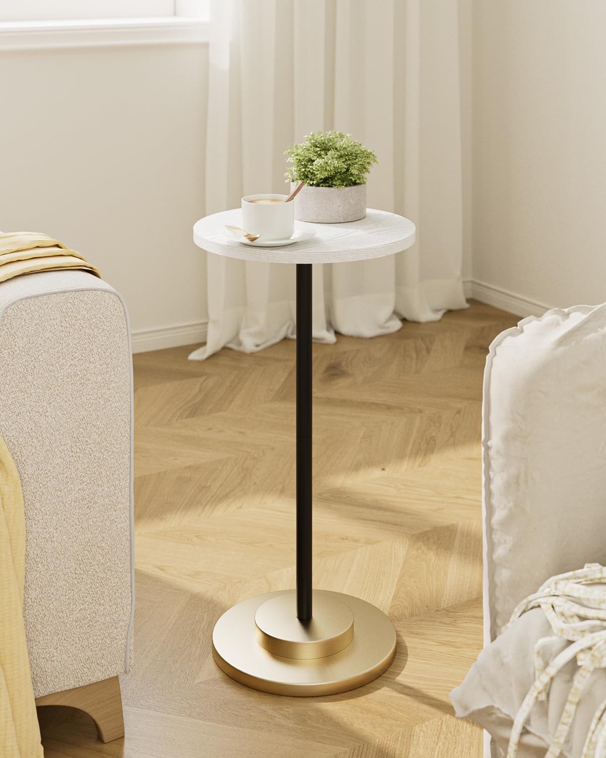 Masupu Drink Table, Round Side Table for Small Spaces, Pedestal Side Table, Small End Table with Metal Base, for Living Room, Bedroom, Bathroom, White