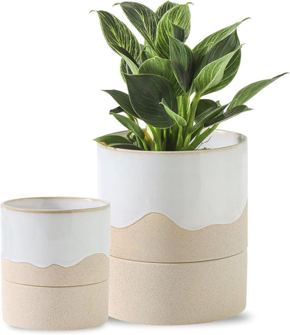 Nihow Self Watering Plant Pot for Indoor Plants: 4.5+6 Inch Ceramic Planter with Drainage Hole & Water Storage Plus - Cylinder Flower Pot with Wick for Herbs -White & Nature