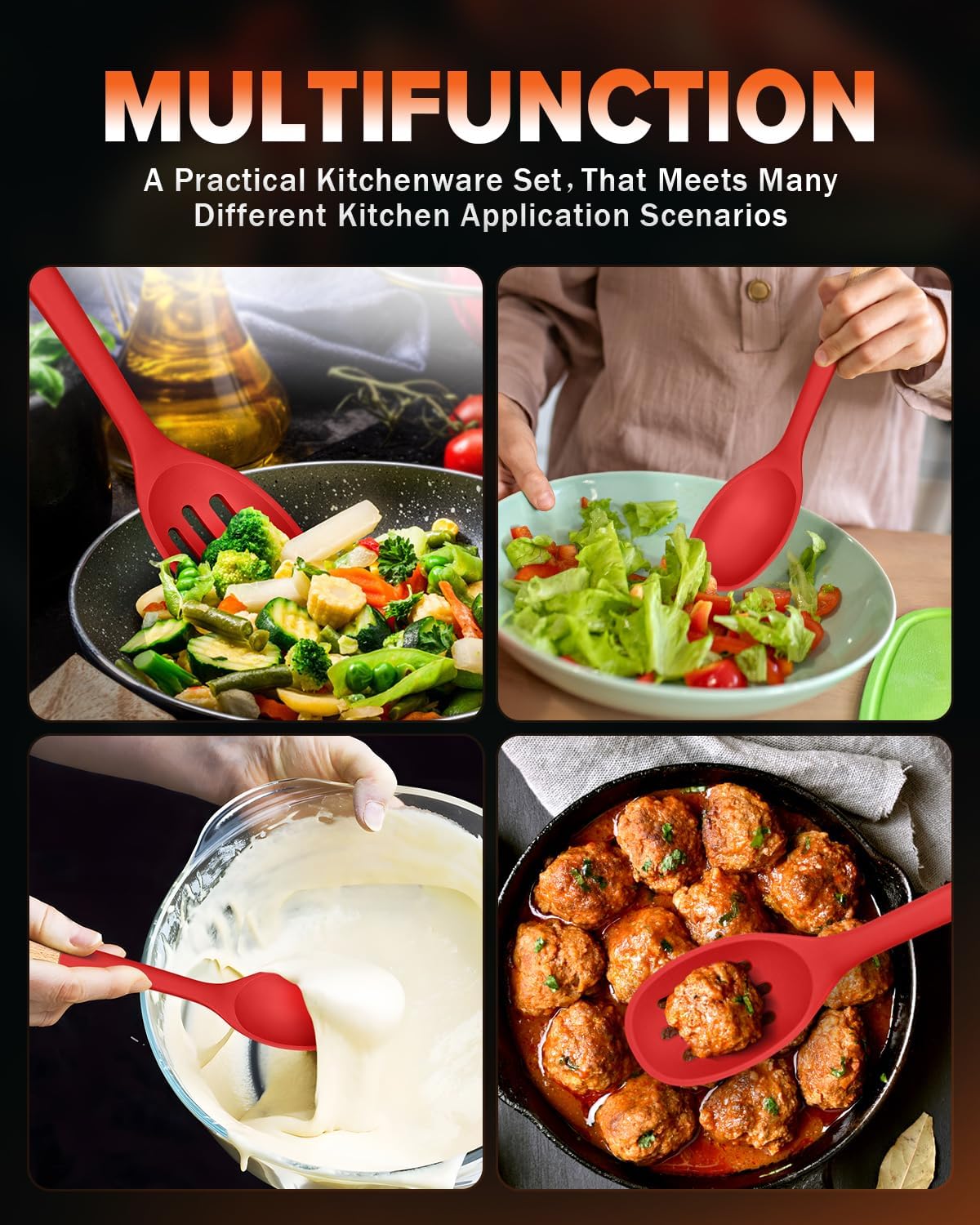 Silicone Cooking Spoons, Great for Scooping Sides and Serving Hearty Stews, BPA-Free Matte Silicone, Wooden Handle Serving Spoon for Nonstick Cooking Surfaces (Red)