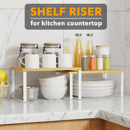 SpaceAid Cabinet Shelf Organizers 2 Pack, Kitchen Counter Rack Shelves Riser, Stackable Expandable Spice Rack, Pantry Cupboard Storage Organization (White and Natural, Short)