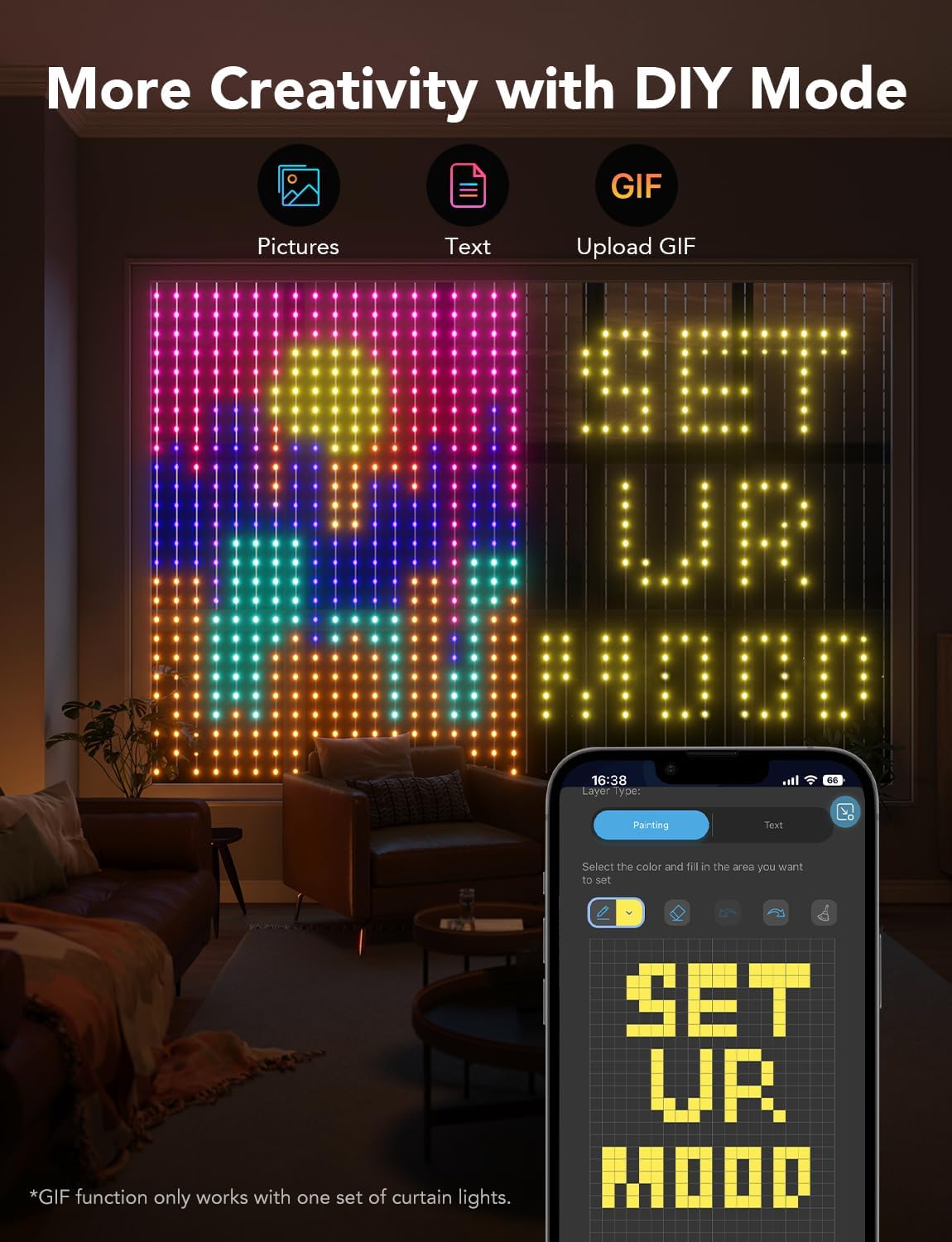 Govee Curtain Lights, Smart LED Color Changing Wall Lights, Dynamic DIY Curtain String Lights for Bedroom Living Room Holiday Decor, Outdoor IP65 Waterproof，4.9x6.6ft, 520 RGBIC LED