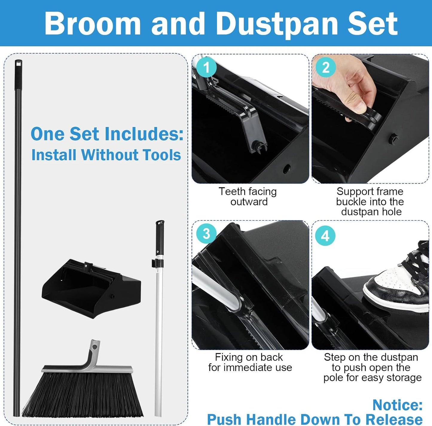 4 Set Broom and Dustpan Set 58 Inch Commercial Broom and Dustpan Combo Set Heavy Duty Lobby Dust Pan Bulk for Lobby Office Home Indoor Outdoor Cleaning Supplies