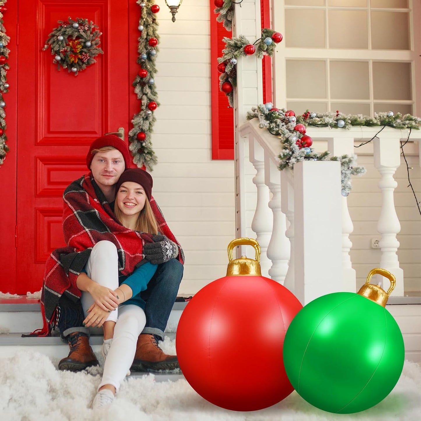 Jetec 3 Pcs Outdoor Light Up Christmas Ball Decorations Large Christmas Inflatable PVC Decorated Balls with Light 24 Inch,18 Inch Xmas Ornaments for Yard Lawn Porch(Red, Blue, Green)