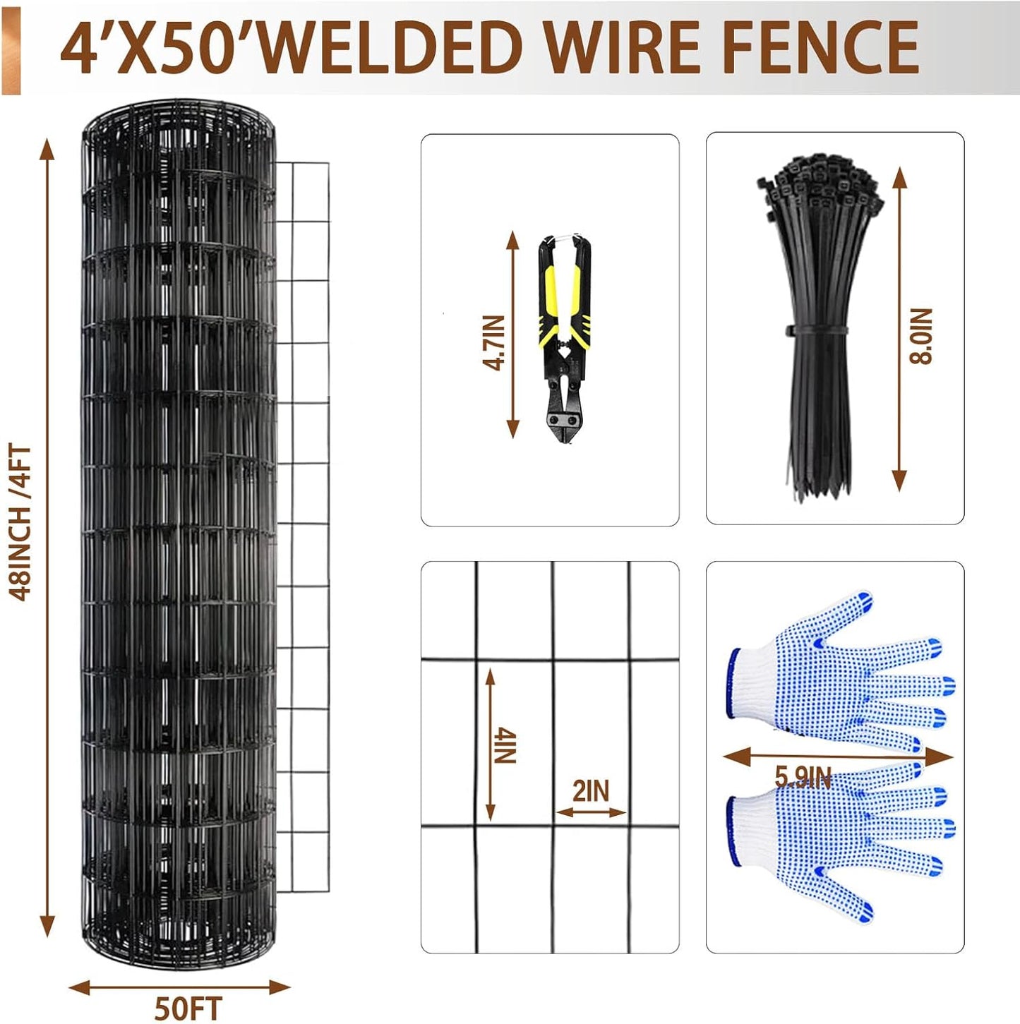 Tongmo 4 ft x 50 ft Black PVC Coated Welded Wire Fence, 16GA Garden Chicken Wire Fence Roll, Mesh Size 2" x 4" Hardware Cloth, Ideal for Yard Protection and Poultry Netting