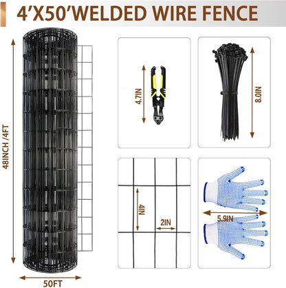 Tongmo 4 ft x 50 ft Black PVC Coated Welded Wire Fence, 16GA Garden Chicken Wire Fence Roll, Mesh Size 2" x 4" Hardware Cloth, Ideal for Yard Protection and Poultry Netting
