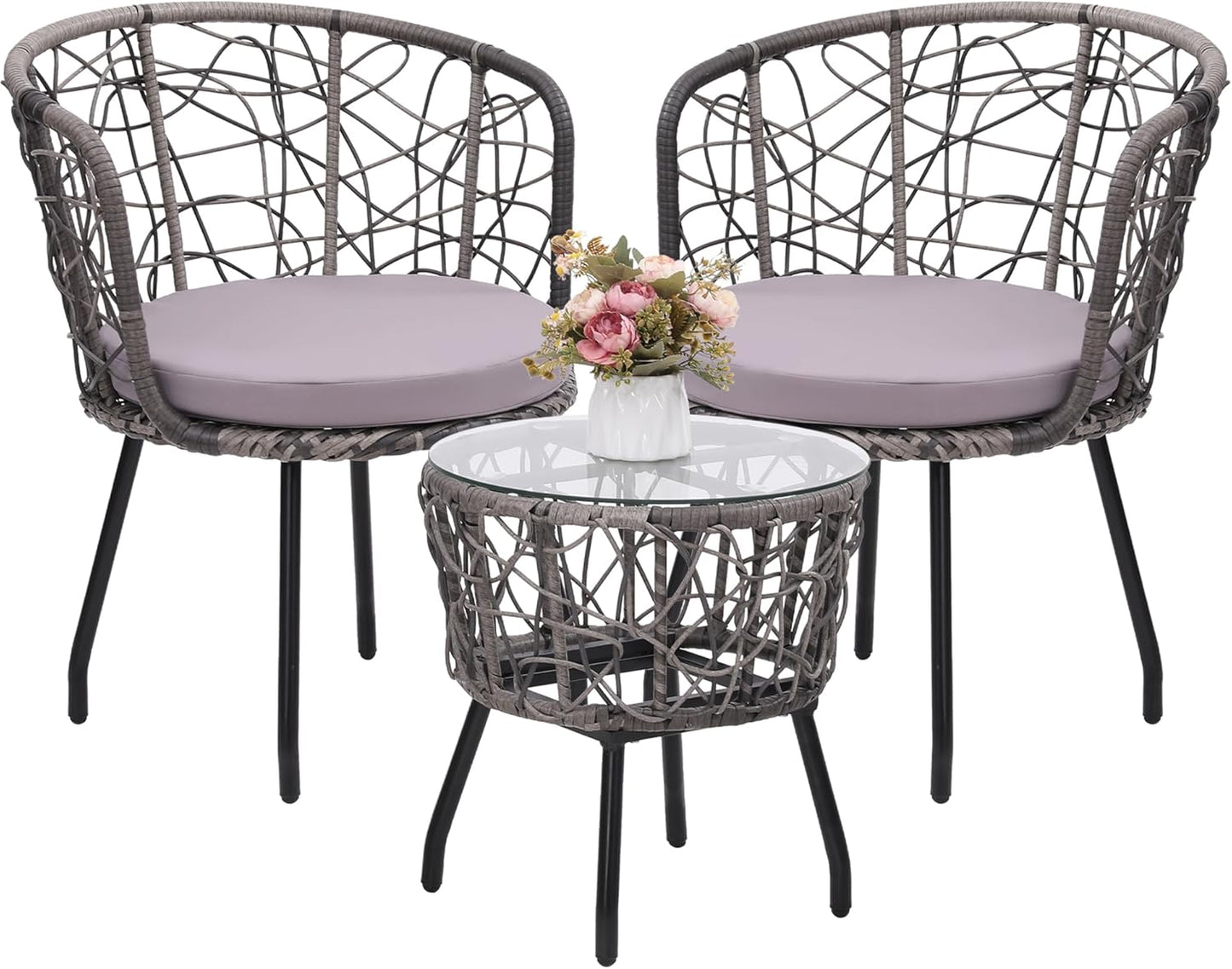 Kromax 3 Piece Bistro Set, Modern Outdoor Wicker Patio Furniture with Tempered Glass Table Top and 2 Chairs, Washable Cushions, Grey Rattan and Grey Cushion