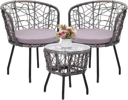 Kromax 3 Piece Bistro Set, Modern Outdoor Wicker Patio Furniture with Tempered Glass Table Top and 2 Chairs, Washable Cushions, Grey Rattan and Grey Cushion