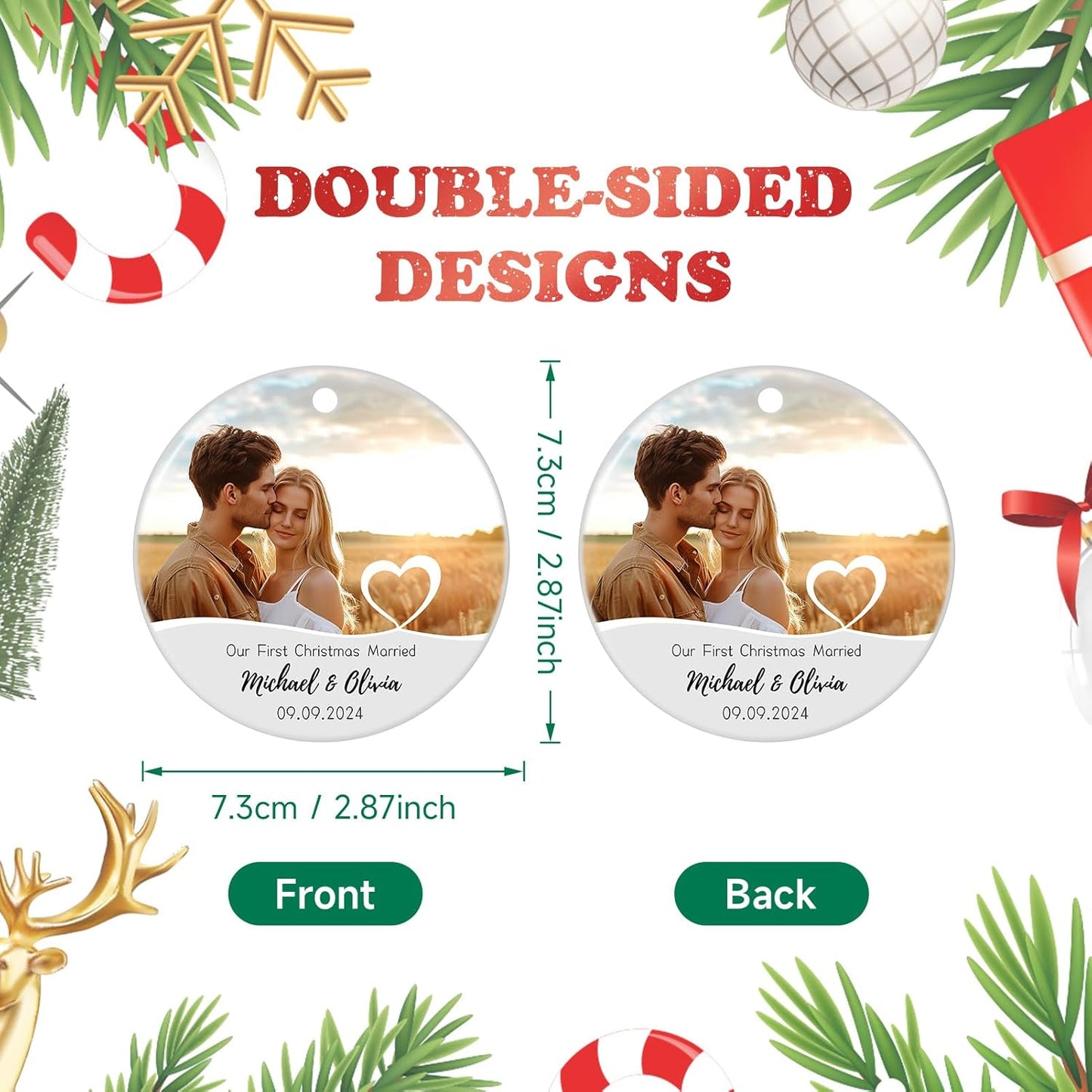 Our First Christmas Married Ornament, Personalized Photo Christmas Ornament 2025 for Newlyweds, Couple Just Married Ornament, Customized Wedding Gifts for Couples Him Her