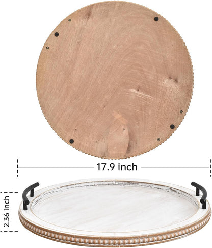 SwallowLiving 18Inch White Wooden Beaded Serving Tray with Handle Decorative Rustic Whitewashed Tray for Coffee Table Farmhouse Round Tray for Kitchen, Living Room and Bedroom