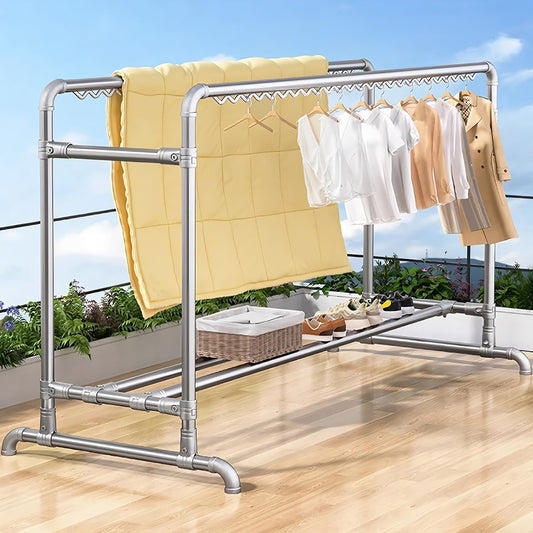 Clothes Drying Rack with Windproof Hooks, 63 inch Drying Rack Clothing Indoor Outdoor, Free Standing Metal Clothes Rack
