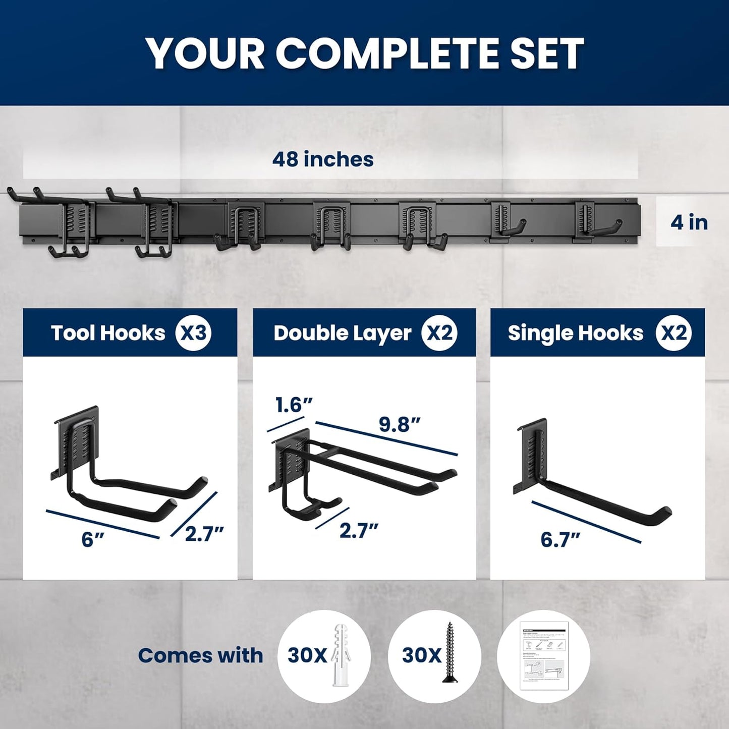 48'' All-Metal Garage Tool Organizer Wall Mount – Heavy-Duty Tool Rack Holds 450 lbs, Adjustable Hooks for Garage, Yard, and Garden Equipment