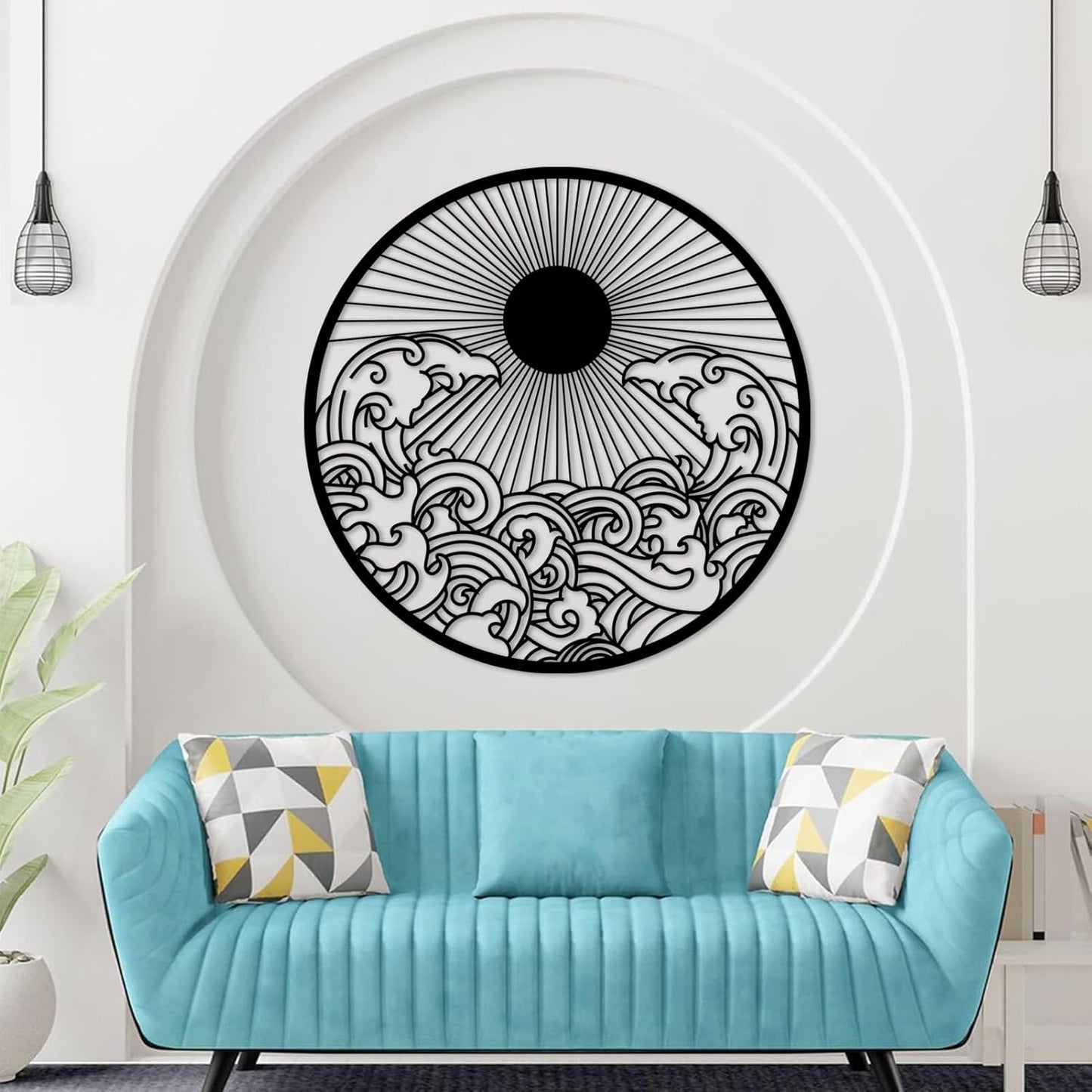 Metal Sun Wall Decor Outdoor, Sunrise Metal Wall Art, Metal Wave Wall Art, Sunrise and Wave Wall Decor, Sunburst Wall Art, Sunset Wall Art, Wall Hangings for Bedroom (Silver, 39x39in|100x100cm)
