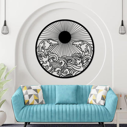 flyoak Metal Sun Wall Decor Outdoor, Sunrise Metal Wall Art, Metal Wave Wall Art, Sunrise and Wave Wall Decor, Sunburst Wall Art, Sunset Wall Art, Wall Hangings for Bedroom (Silver, 35x35in|90x90cm)