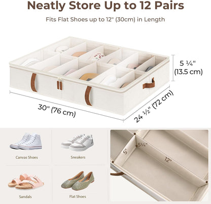 StorageWorks Shoe Organizer Under Bed for Closet, 2-Pack Ultra-thick Fabric Shoe Storage Containers with Bottom Support and Adjustable Dividers, Fits up to 24 Pairs, Beige