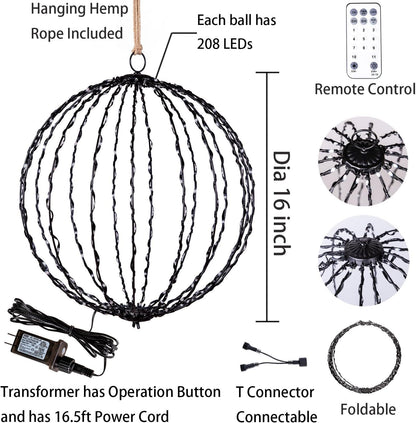 Outdoor Hanging Lighted Sphere, Christmas Decoration Light Balls, 2 in 1 Warm White and Multicolor Chandelier, 208 LED 16" Large Iron Frame Foldable Globe for Patio Tree Gazebo Decor-2Pack