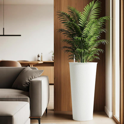 Worth Garden 2-Pack 28" H. Metal Planter with 2X Inside Pots - Hand-Hammered Texture Tall Cone Plant Pots - Large Handcrafted Flower Pot for Indoor Outdoor, Deck, Patio, Front Porch - White