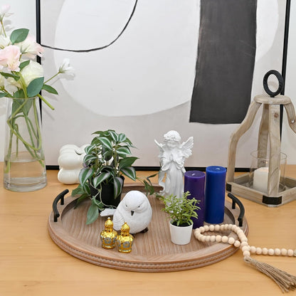 SwallowLiving 18Inch Brown Wooden Beaded Serving Tray with Handle Decorative Rustic Tray for Coffee Table Farmhouse Round Trays for Kitchen, Living Room and Bedroom