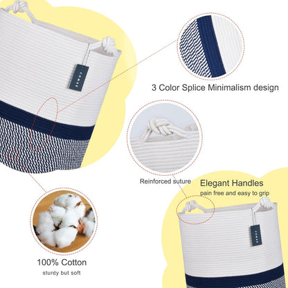 COMSE Extra Large Blanket Basket, Tall Woven Storage Basket, Nursery Hamper, 15.7”x 21.7”, Cotton Rope Laundry Hamper for Toys Clothes Towels, Blend White/Navy Blue