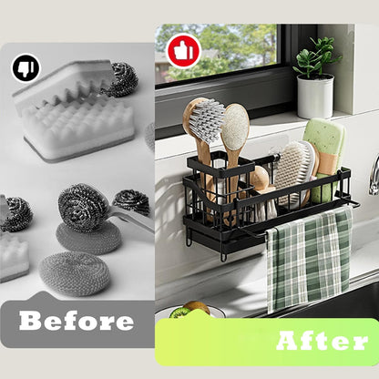 Sink Caddy kitchen Organzier with High Brush Holder, Wall-Mounted Sponge Holder for Sink, Countertop Organizer Soap Dispenser Storage, Rustproof 304 Stainless Steel Kitchen Essentials