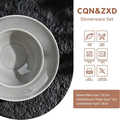 CQN&ZXD Ceramic Plates and Bowls Sets, 12 Pieces, Hand-Crafted Dishes set for 4 with Gradient Reactive-Glaze, Microwave & Dishwasher Safe Dinnerware Sets, Modern Style, Velvet Grey & Meteor Blue