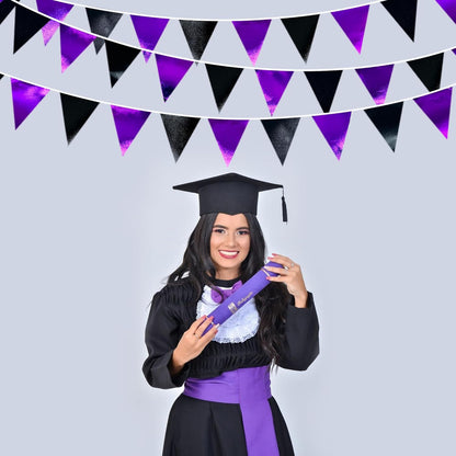 Purple and Black Party Decorations Metallic Fabric Triangle Pennant Banner Flag Bunting Garland for Graduations Birthday Retirement Wedding Baby Shower Bachelorette Halloween Outdoor Party Supplies