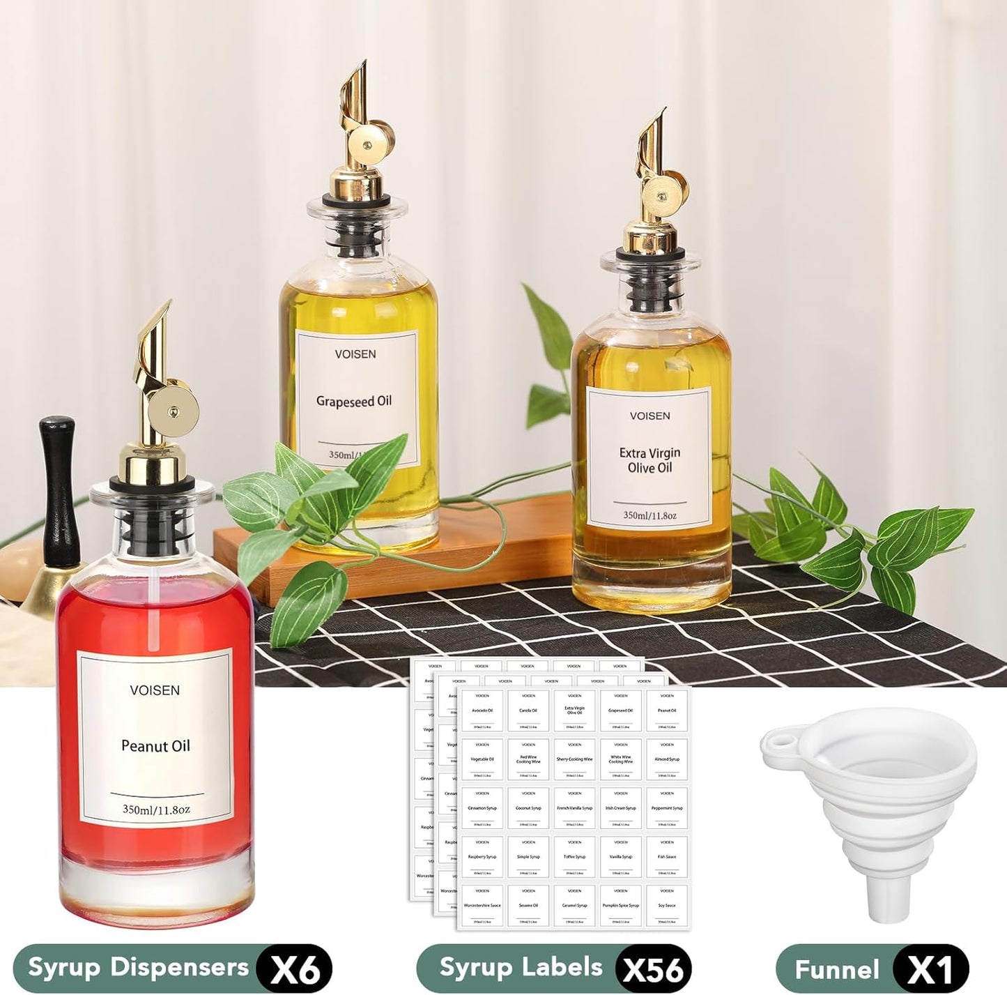 VOISEN Olive Oil Dispenser Bottle for Kitchen, Glass Oil Bottle Set of 6, Coffee Syrup Dispenser,Glass Oil Container with Metal Pourer,Funnel,56 Waterproof Labels