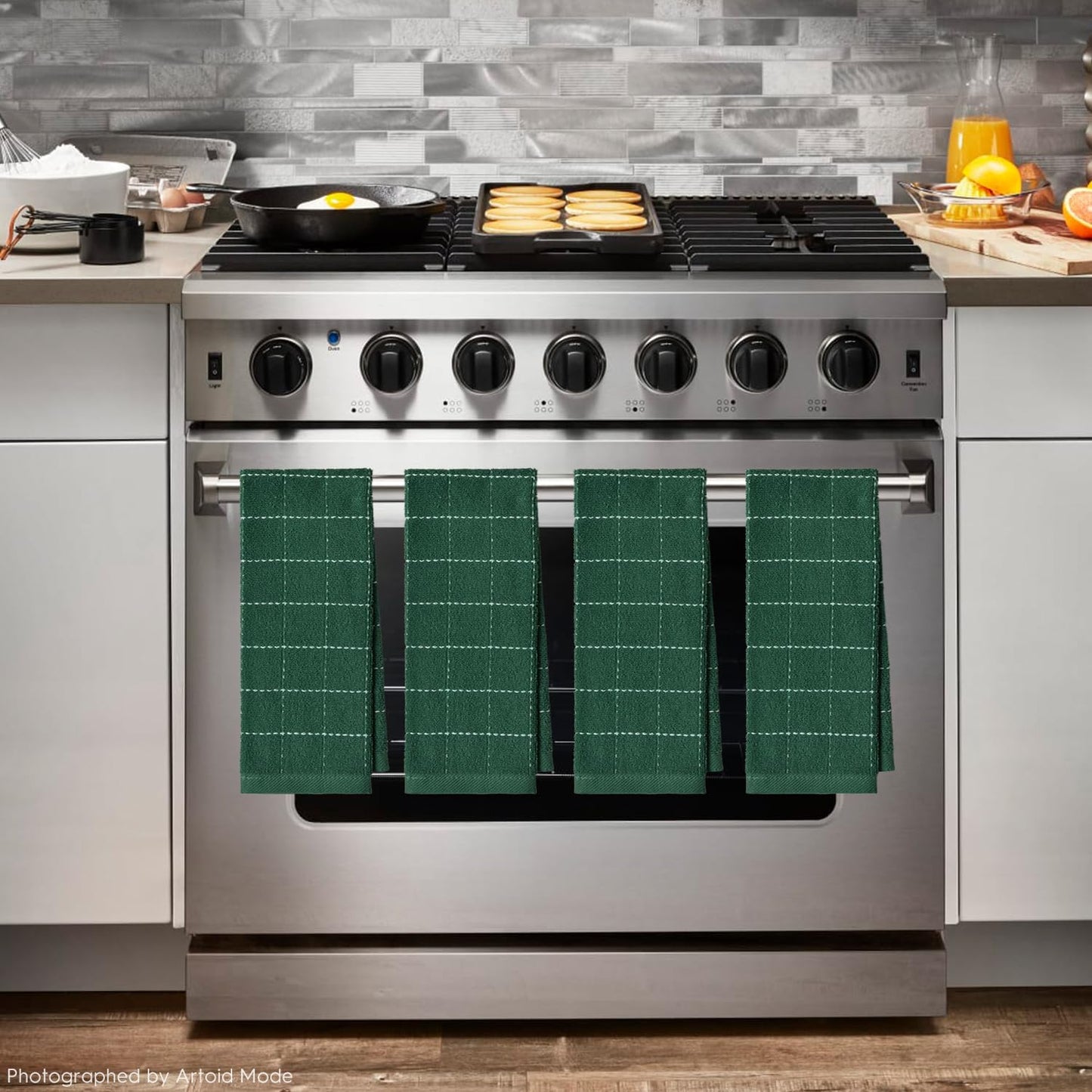 Artoid Mode Checkered Designed Cotton Green Terry Kitchen Dish Towels, 15x25 Inch Soft Absorbent Quick Drying Family Cleaning Tea Towels Set of 4