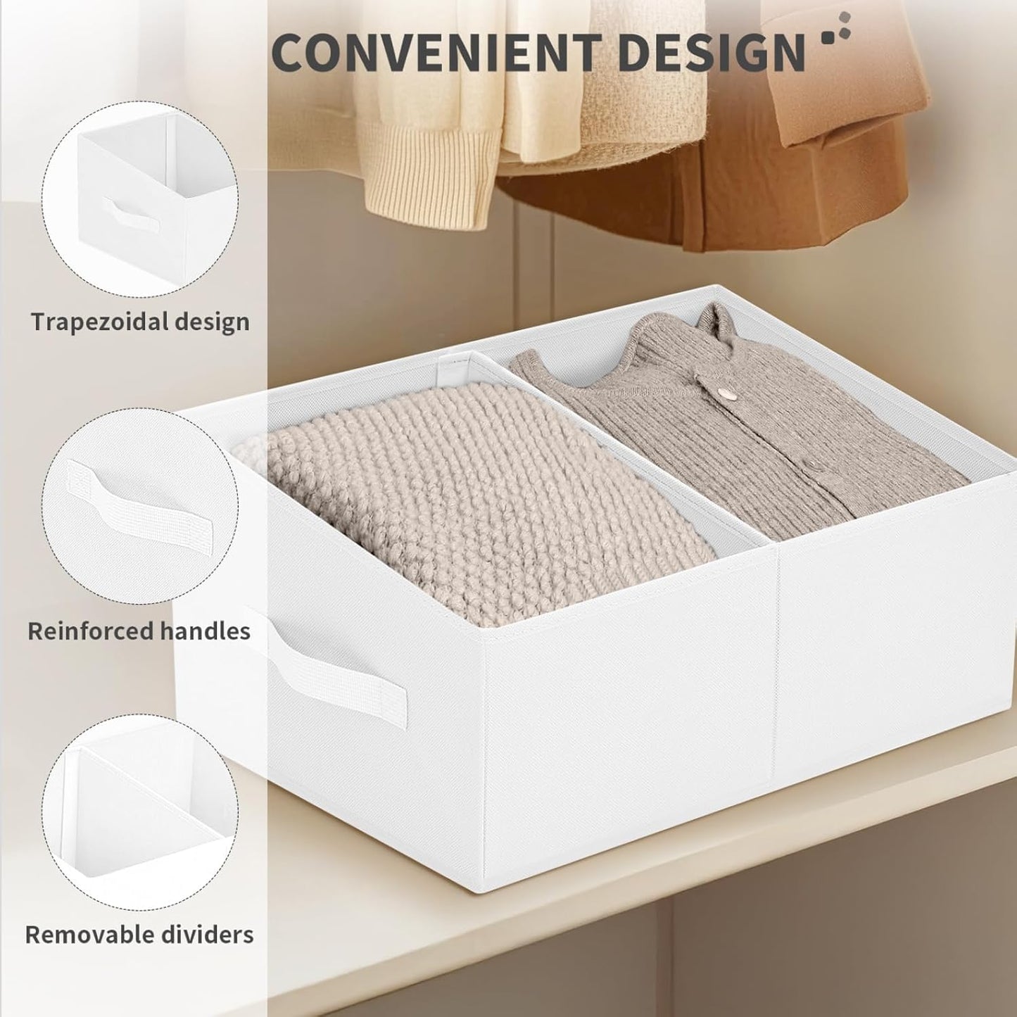 DIMJ Large Closet Shelf Organizer Bins 4 Packs with Handles and Divider, Fabric Trapezoid Storage Baskets, Foldable Clothes Containers Box for Shelf, Towel, Book, Toy, Purse, Hats, Pink