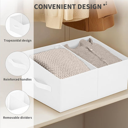DIMJ Large Closet Shelf Organizer Bins 4 Packs with Handles and Divider, Fabric Trapezoid Storage Baskets, Foldable Clothes Containers Box for Shelf, Towel, Book, Toy, Purse, Hats, White