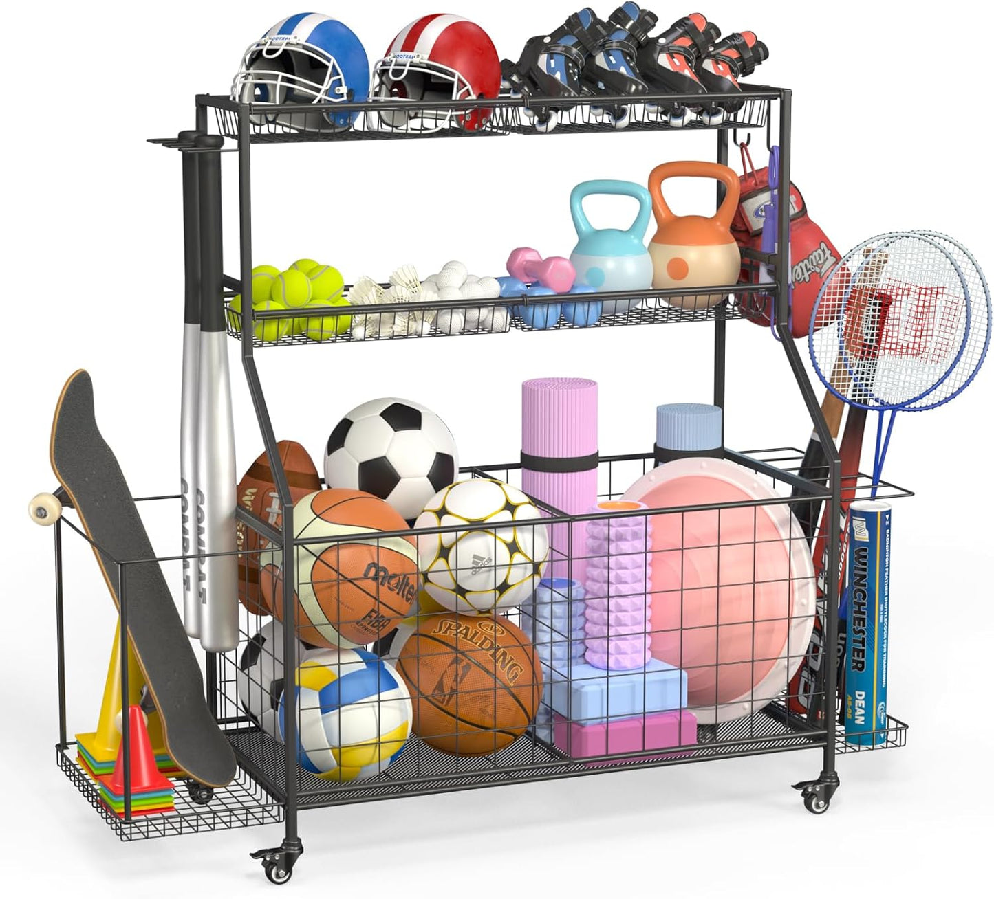 Sports Equipment Organizer, Garage Ball Storage Racks - Outdoor Toy Storage with 2 Side Racks & Removable Baskets, Heavy-Duty Garage Rolling Ball Cart with Wheels, Hooks for Toys, Sports Gear