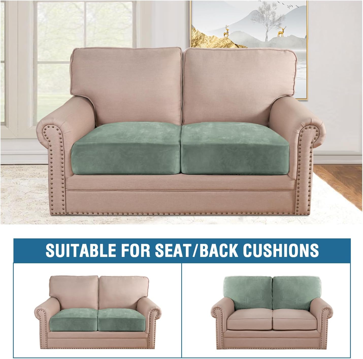 H.VERSAILTEX Velvet Stretch Couch Cushion Cover Plush Cushion Slipcover for Loveseat Cushion Furniture Protector Seat Cushion Sofa Cover (2 Piece Medium Sofa Cushion Covers, Sea Grass)