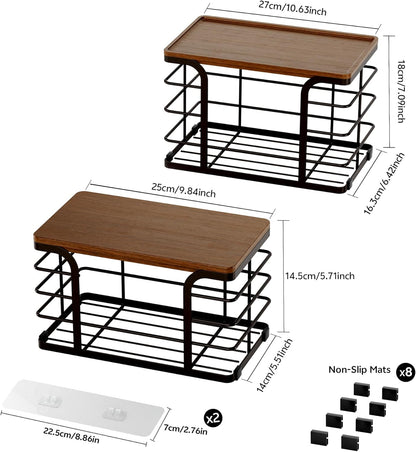 2 Pack Storage Stackable Kitchen Laundry Pantry Organizers,Wall Mount Trash Bag Holder Dispenser with Bamboo Top Countertop Organizer,Brown