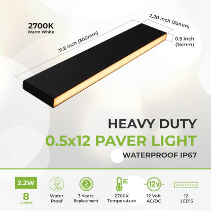 LUMENGY Paver Light Slim 0.5x12 Inch (0.55 x 11.8) Glare-Free Steel Lighting for Pavers, Brick, Walls, Driveways, Walkways & Pathways, 2700K Warm White, Waterproof, Drive-Over, Weird 12V AC/DC