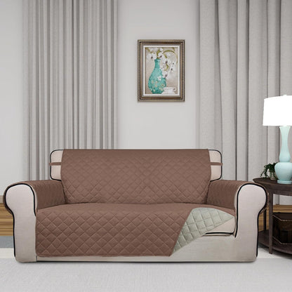 PureFit Reversible Quilted Sofa Cover, Water Resistant Slipcover Furniture Protector, Washable Couch Cover with Non Slip and Elastic Straps for Kids, Dogs, Pets (Oversized Loveseat, Brown/Beige)