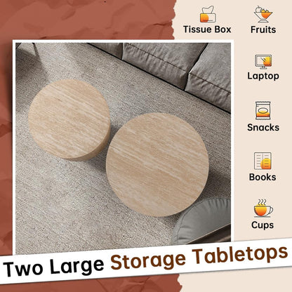 Round Nesting Coffee Table Set of 2 Modern Small Round Coffee Table Travertine Side Table Small End Table Circular Coffee Tables Circle Nested Coffee Tables for Living Room (Travertine)