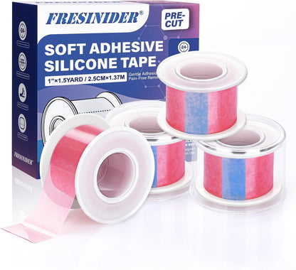 FRESINIDER Silicone Tape 1" x 1.5 Yard Pink 4 Rolls for Sensitive Skin, Pre-Cut Waterproof Medical Tape, Gentle Adhesive for Wound Care, Surgical Sites, Infants and Elderly