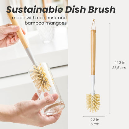 Vigar Zeroline 13.9" Long Bamboo Dish Brush, Ideal Dish Brush for Cups, Wine Glass, Tumbler, Blender Bottles, and Glass Water Bottles for The Kitchen