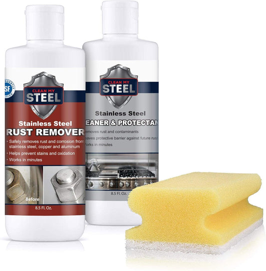 CLEAN MY STEEL Stainless Steel Rust Stain Remover & Cleaner Kit, NSF Safe for Food Areas. Includes Cleaner for Commercial Equipment, Appliances, Gloves & Sponge (8.5 oz)