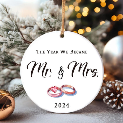 Wedding Gifts for Couples 2024, Mr and Mrs 1st Married Christmas Ornament, Bridal Shower Gift for Bride, Newlyweds (Ceramic)