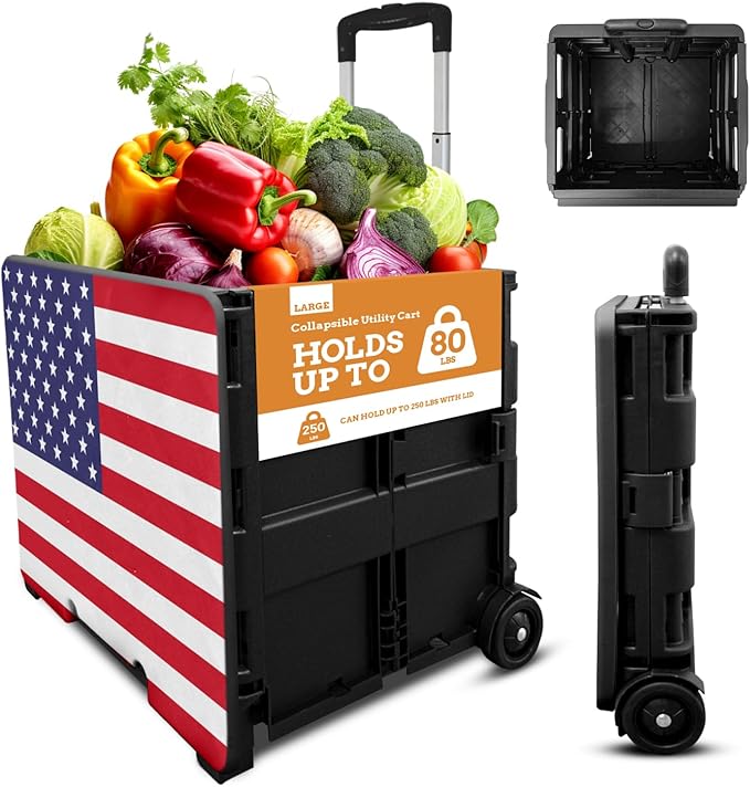 Inspired Living Collapsible Ultra-Slim Pack-N-Roll,2 Wheel Utility Cart w/Lid Used as Seat up to 250 Lbs, Telescopic Handle, Super Strong, for Home,Garden,Shopping,Office,School, Large, American Flag