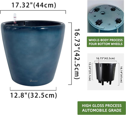 Dexceder 18x17 Self Watering Planter with Wheels Indoor Outdoor, Inner Pot Design, Thickened Large Floor Standing Flower Plant Pot with Water Level Indicator (Grayish Green Gradient)