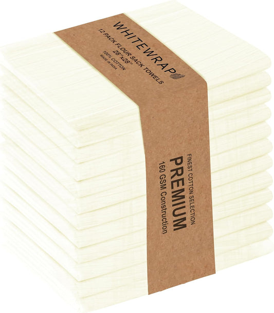 WHITEWRAP Flour Sack Towels| Tea Towel for Crafts| Kitchen Dish Cotton Blank Towel for Embroidery|Baking Bread Proofing Linen Cover| Thick Absorbent Quick Dry|12Pack 28"x28" Natural