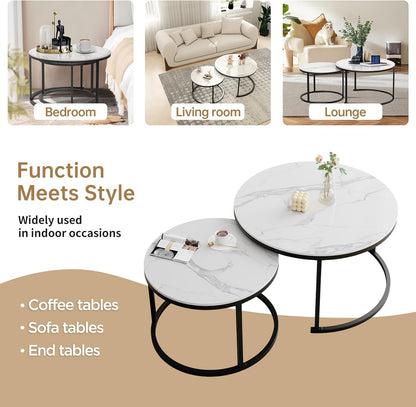 Round Nesting Coffee Table, White Modern Decorative Coffee Center Table Set of 2,Round Sintered Stone 24'' Coffee Table for Living Room with Sturdy Metal Frame.