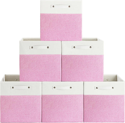 13 x 13 Inch Fine Linen Storage Bins with Handles，Fabric Cube Boxs，Collapsible Basket Organizers for Shelves for Home, Closet Drawers (White/Pink-6 Pack)